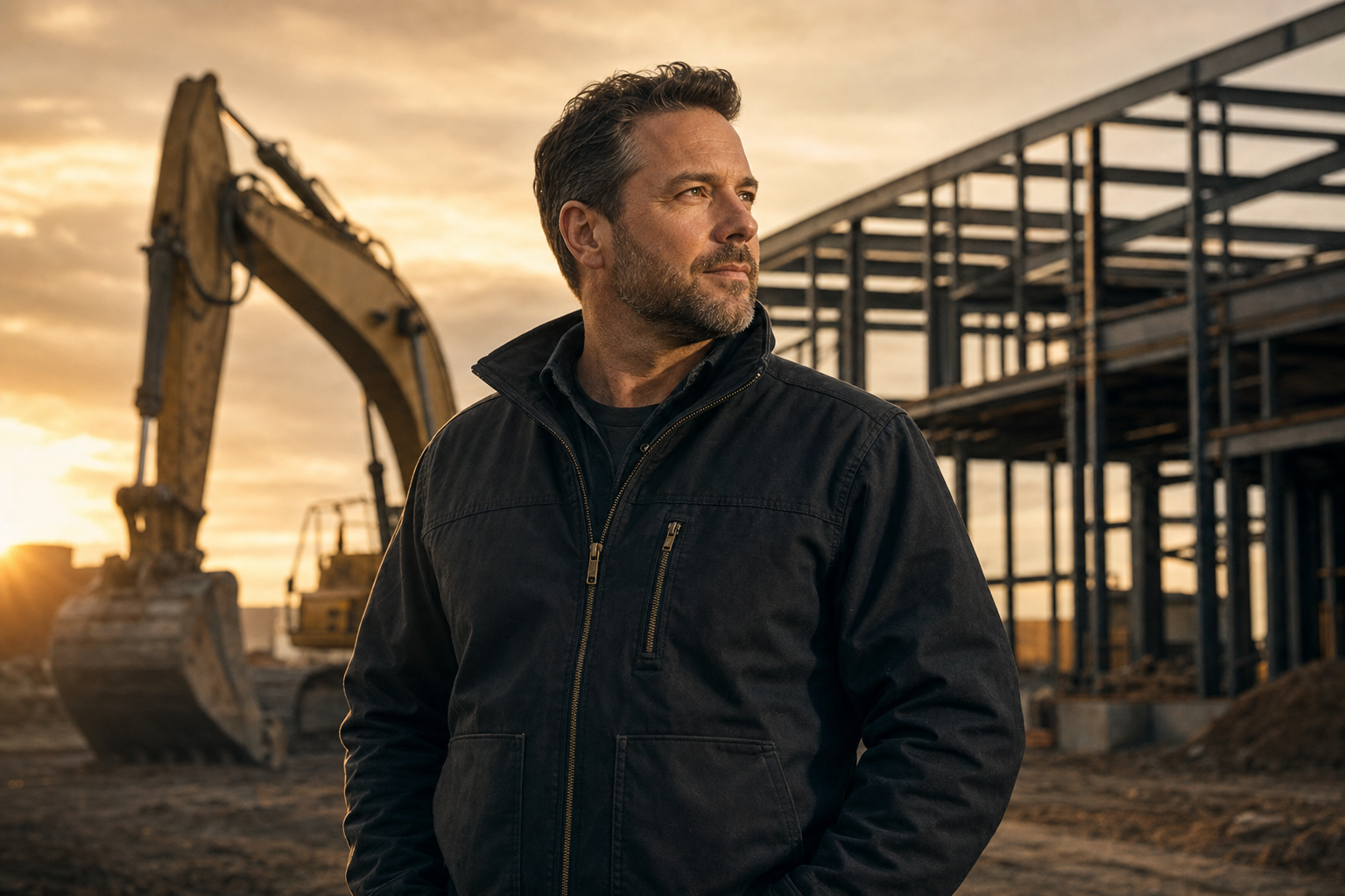 Construction business owner standing on a job site at golden hour