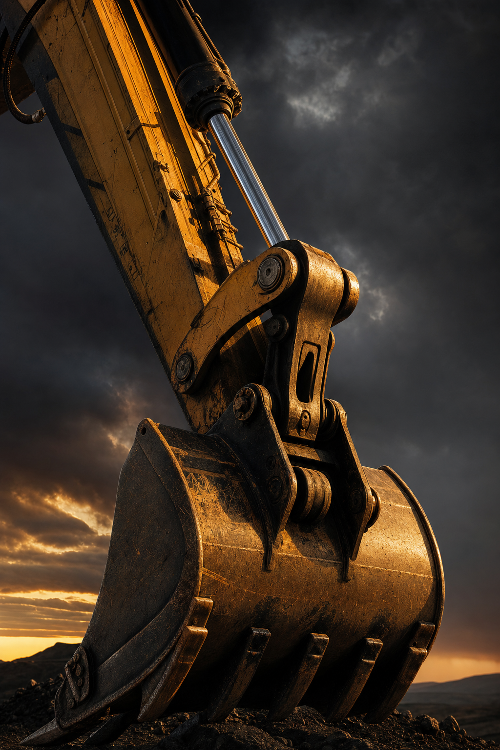 Excavator hydraulic arm at dusk