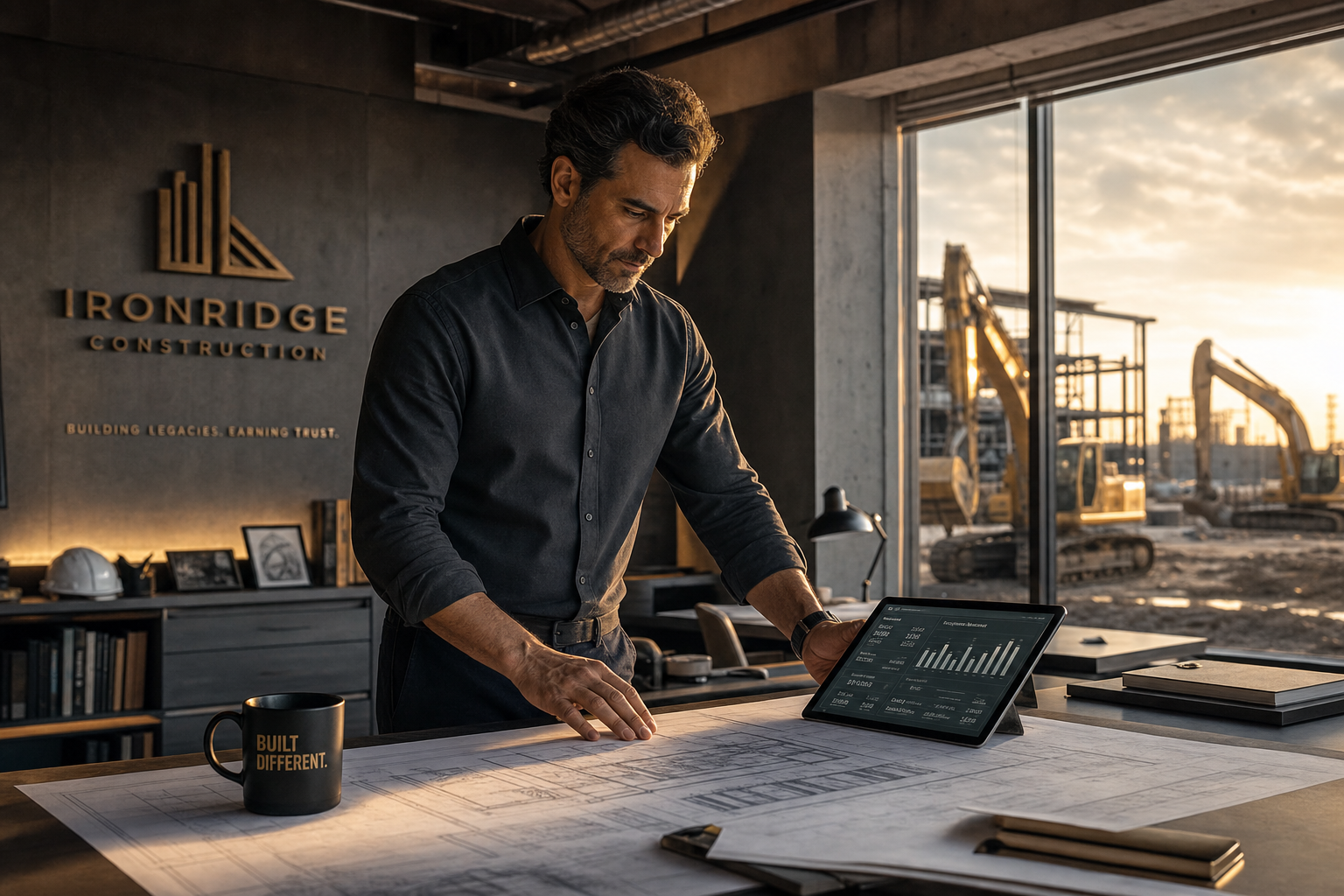 Construction business owner reviewing blueprints and financial dashboards in a modern industrial office