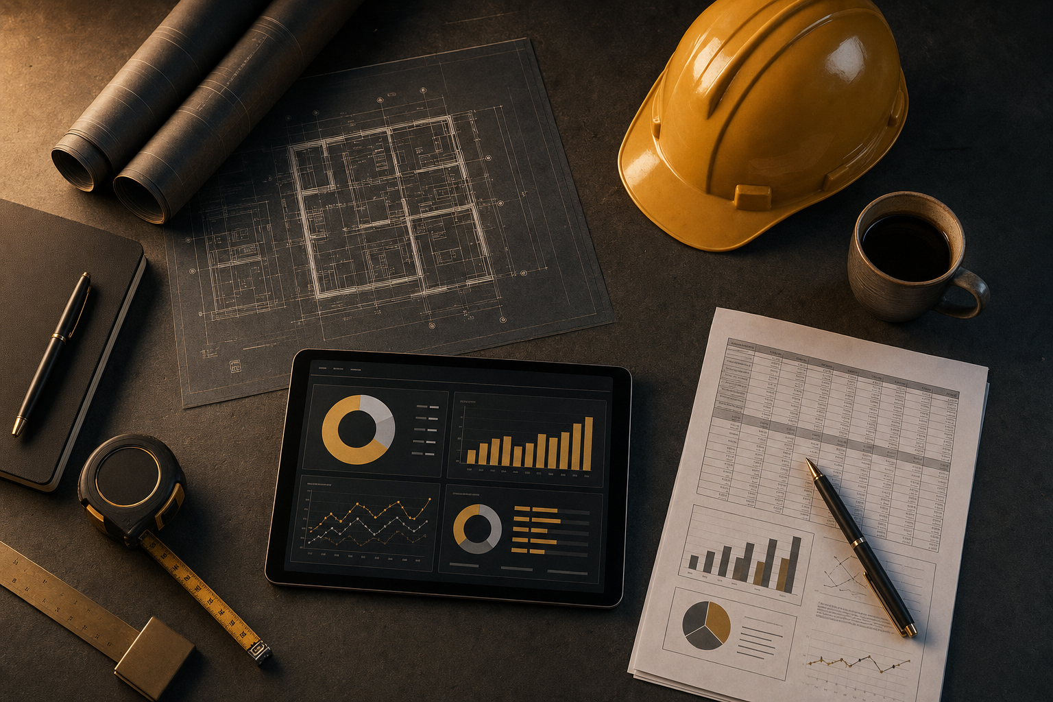 Operational systems: blueprints, hard hat, tablet dashboards and financials laid out on a dark surface